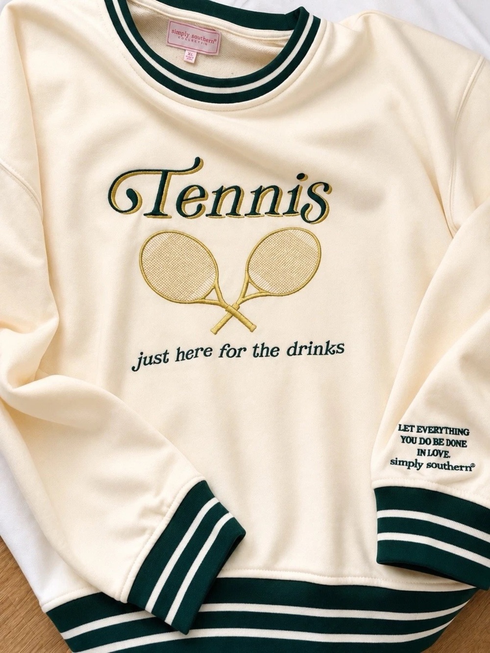 New Simply Southern Tennis Cream Sweatshirt Green Stripe Trim Southern Preppy